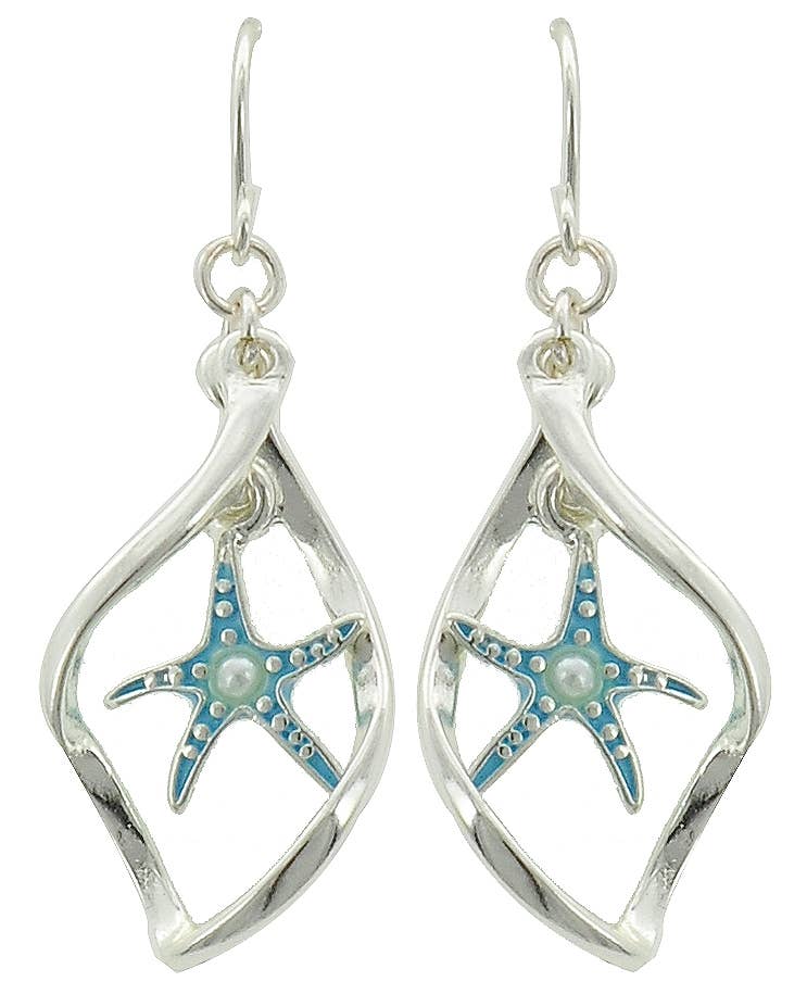 0011 PREMIERE – Großhandel Ohrhänger – FR2189 Türkisfarbene Wellen Seestern Perlen Metall Hängeohrringe2
