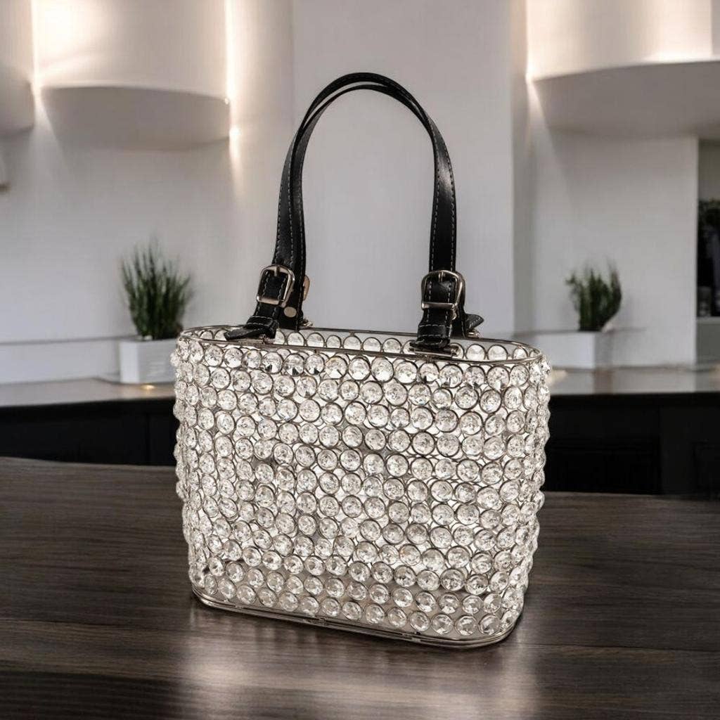 HomeRoots – wholesale Desk organiser – 11" Clear And Silver Faux Crystal Handbag Magazine Holder