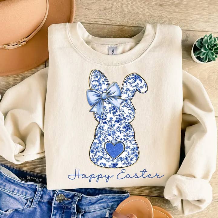 Off White HAPPY EASTER BLUE FLORAL BUNNY CREWNECK TEE/SWEATSHIRT for wholesale on Faire1
