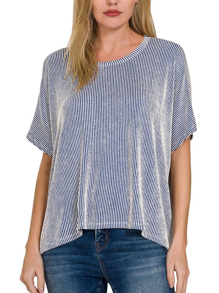 Vanilla Monkey - Wholesale Knit Top - Women's - Ribbed Striped Oversized Short Sleeve Top