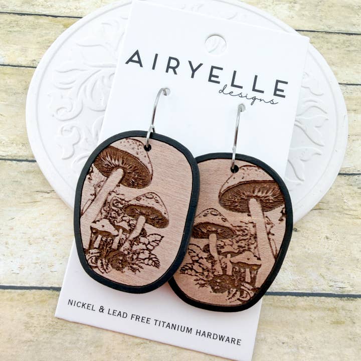Nightcap Mushroom Wooden Earrings - Titanium for Sensitive Ears for wholesale by Airyelle Designs