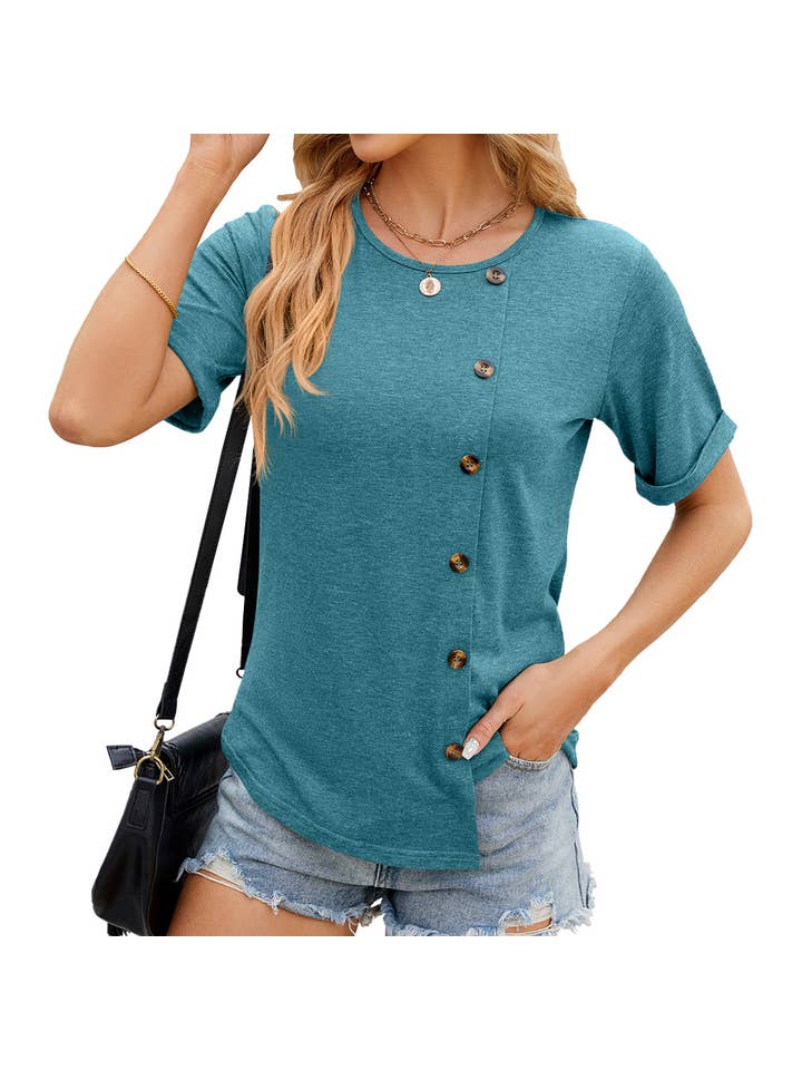 Lily Clothing - Wholesale T-Shirt - Women's - ROUND COLLAR BUTTON IRREGULAR HEM T SHIRT_CWTSTS0147