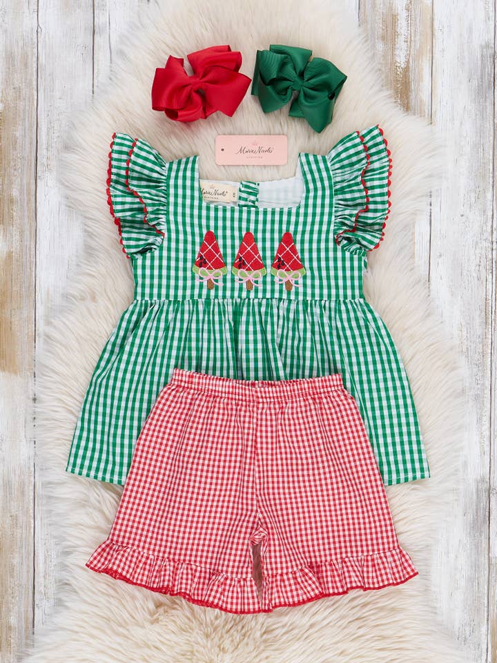 Marie Nicole Clothing - Wholesale Top & Short Set - Kids - Watermelon Treats Gingham Ruffle Outfit