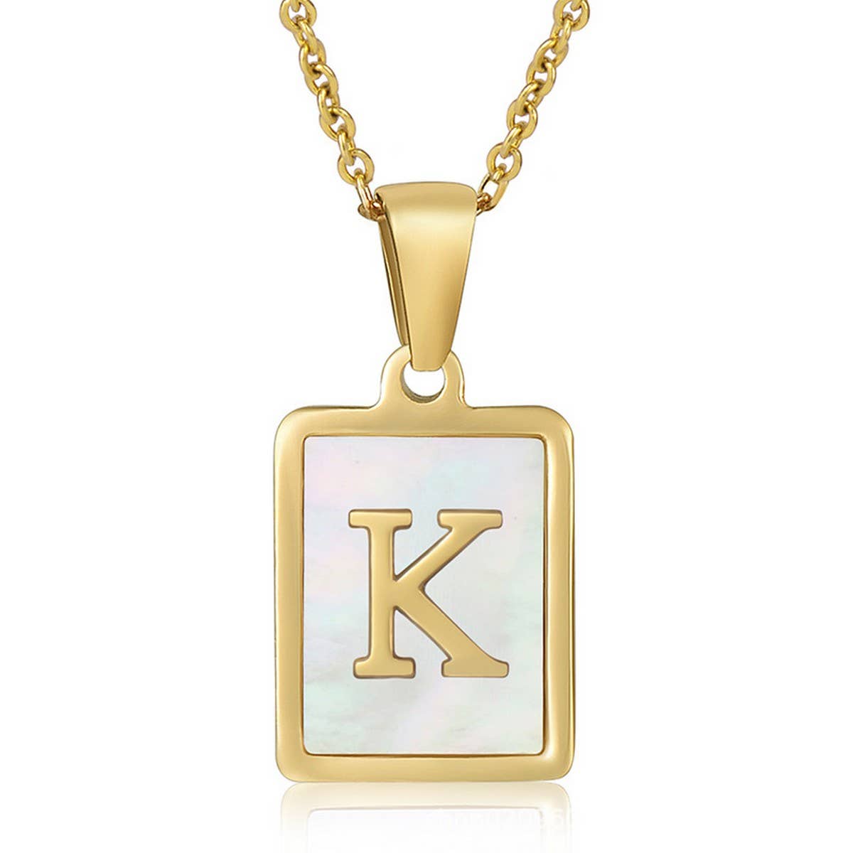 NINEXIS - Wholesale Pendant/Charm Necklace - CWAJE1917_Square Stainless Steel White Shell Letter Necklace11