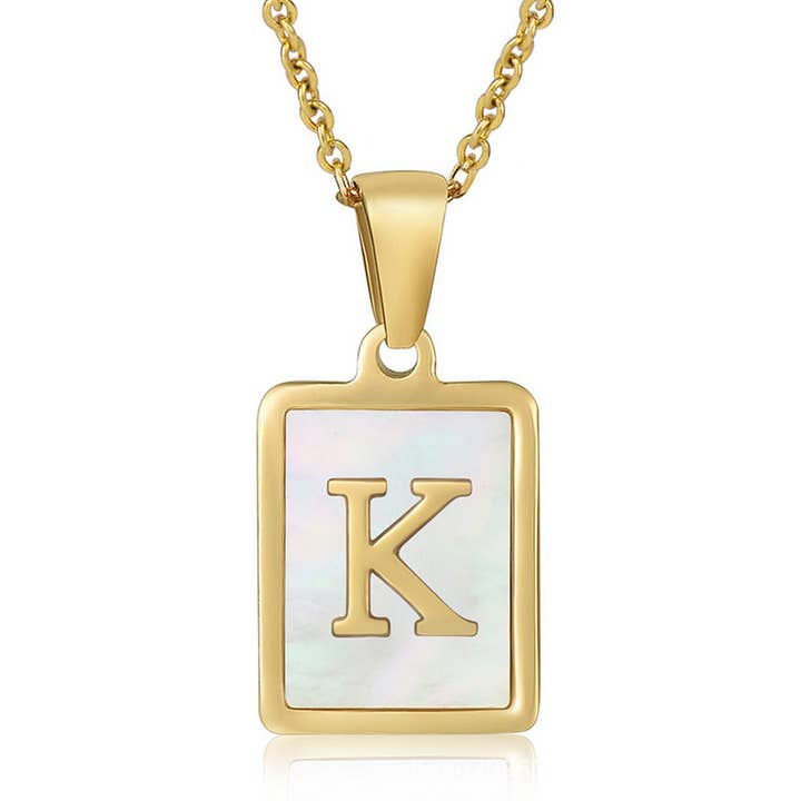 NINEXIS - Wholesale Pendant/Charm Necklace - CWAJE1917_Square Stainless Steel White Shell Letter Necklace11