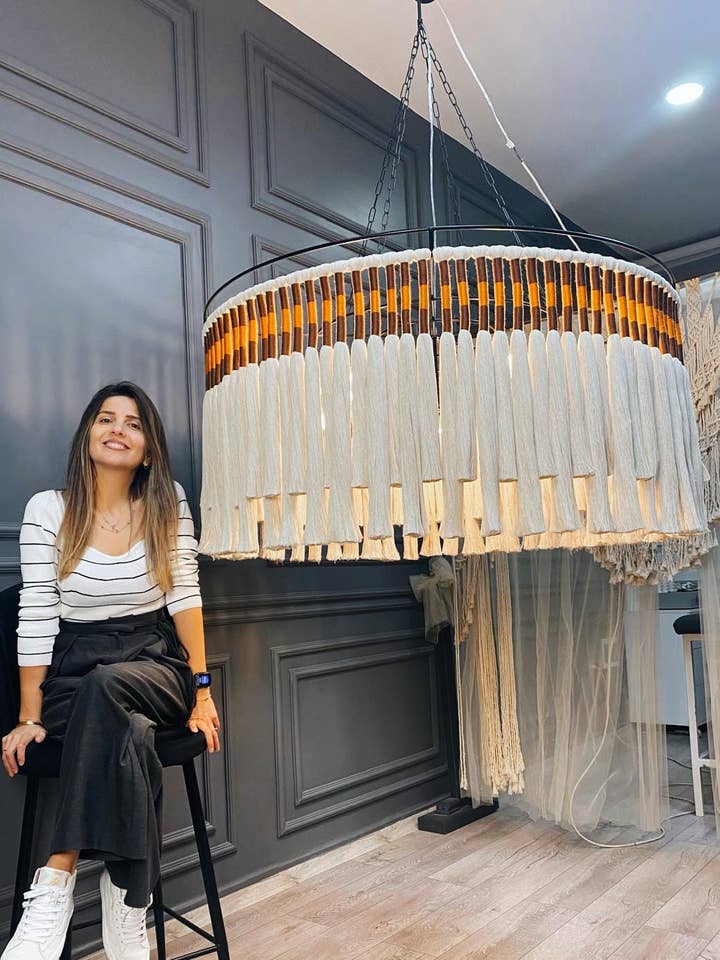 Large Macrame Chandelier - Modern Boho Tassel Pendant Light for Living Room & Restaurant - Rustic Lighting for wholesale by Joy's Arts