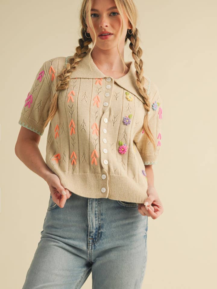 &MERCI - Wholesale Knit Sweater - Women's - HAND EMBROIDERED SHORT SLV BUTTON DOWN SWEATER MSW109535