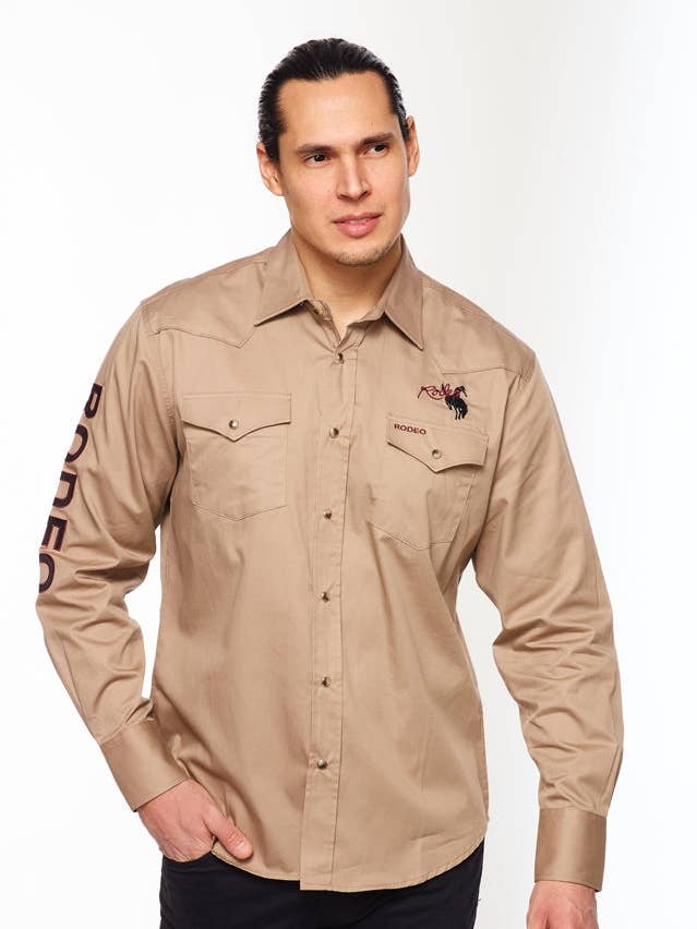 WESTERN RODEO EMBROIDERED SIGNATURE LOGO SHIRT-KHAKI for wholesale by Rodeo Clothing