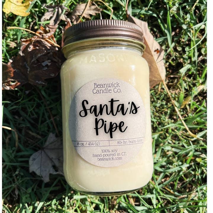 SANTA'S PIPE Soy Candle in Mason Jar Unique Gift for wholesale by Beanwick Candle Co.
