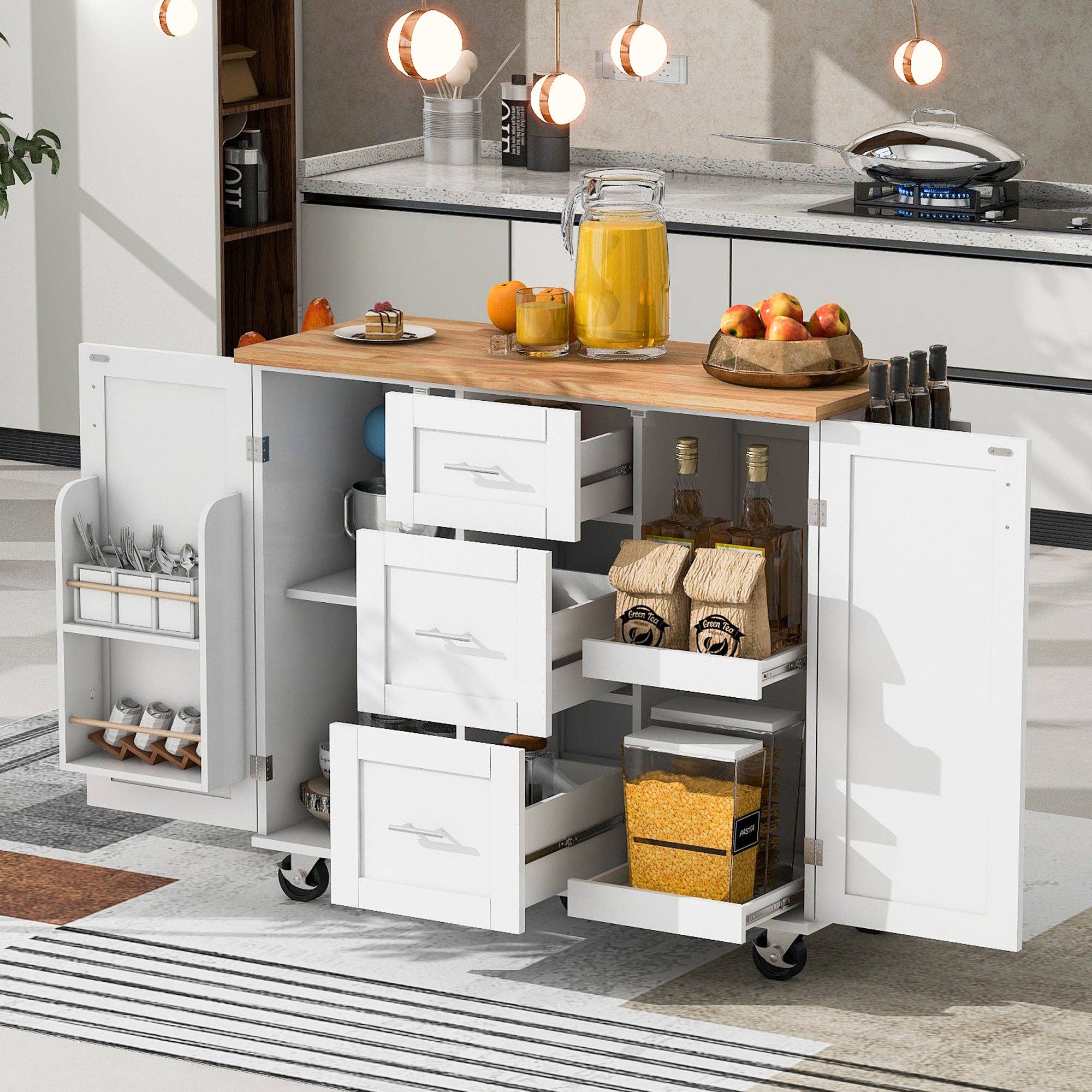 Orange County Decor - Wholesale Kitchen Storage/Organizer - K&K Rolling Kitchen Island With Storage, Kitchen Cart With Rubber Wood Top, 3 Drawer, 2 Slide Out Shelf And Internal Storage Rack, Kitchen Island On Wheels With Spice Rack & Tower Rack, White White0