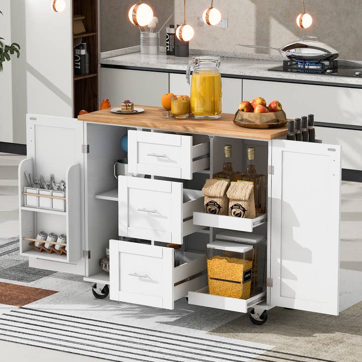 Orange County Decor - Wholesale Kitchen Storage/Organizer - K&K Rolling Kitchen Island With Storage, Kitchen Cart With Rubber Wood Top, 3 Drawer, 2 Slide Out Shelf And Internal Storage Rack, Kitchen Island On Wheels With Spice Rack & Tower Rack, White White