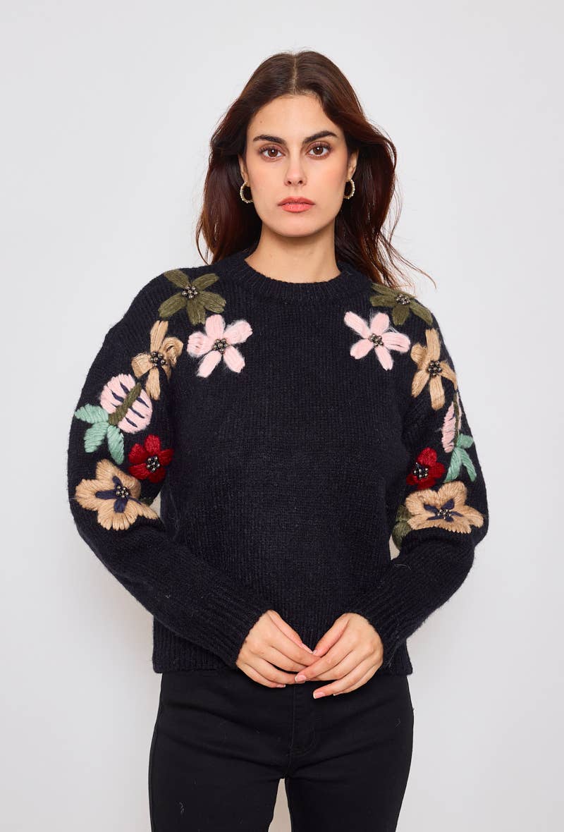 Black Round neck sweater with hand-embroidered flower on the sleeves for wholesale on Faire0