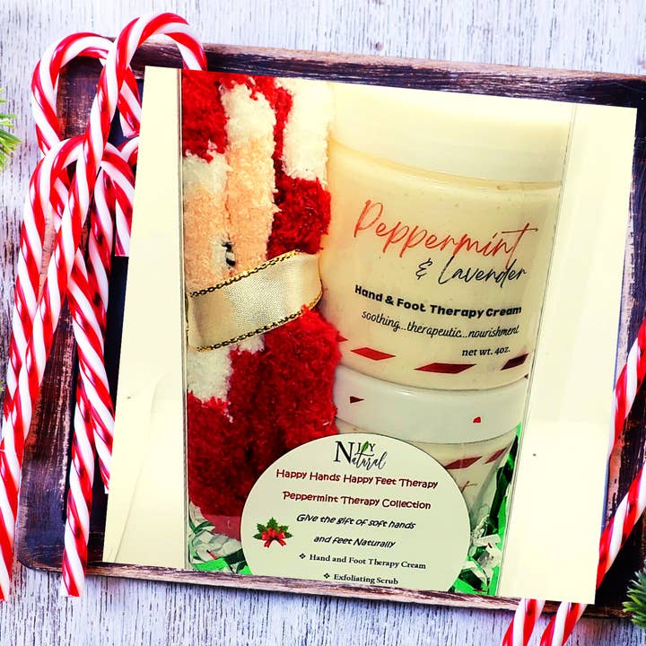 Happy Hands. Happy Feet. Peppermint Therapy Collection. Hand and Foot Cream. Scrub and Holiday Socks for wholesale by NJOY Natural