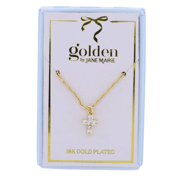 18K Gold Plated Chain Necklace with Clear Crystal Cross for wholesale by Jane Marie