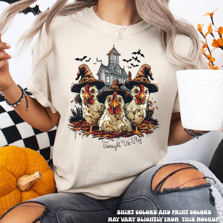Chickens Tonight We Fly Halloween Shirt - Printed On Comfort Colors Tee for wholesale by Madi Moosh