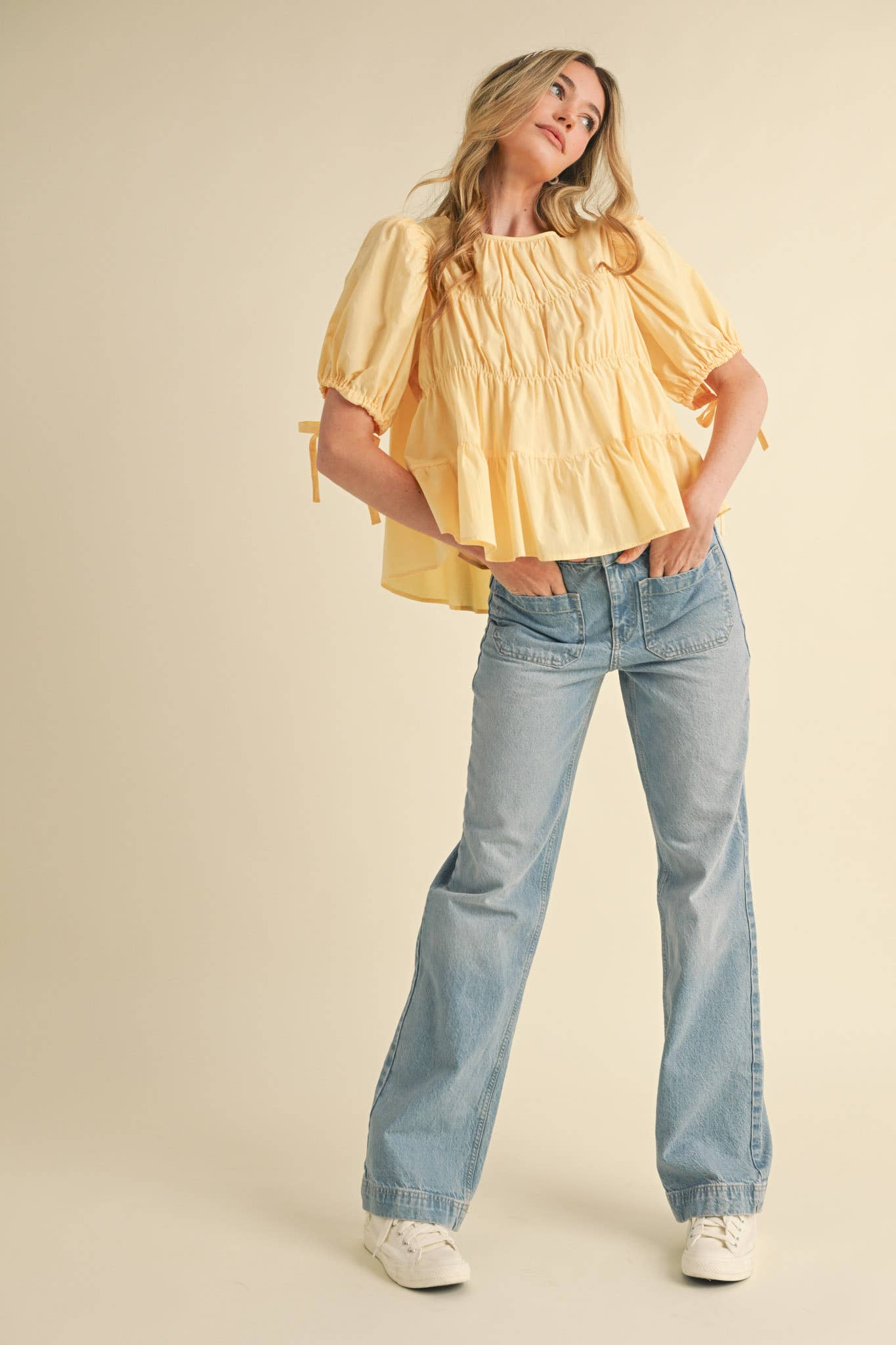 &MERCI - Wholesale Blouse - Women's - TIERED SHIRRING PUFF SLEEVE TOP MTP308136