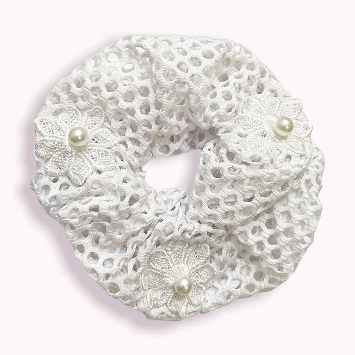 Daisy Pearl Mesh Scrunchie for wholesale by Hettie Hair Accessories