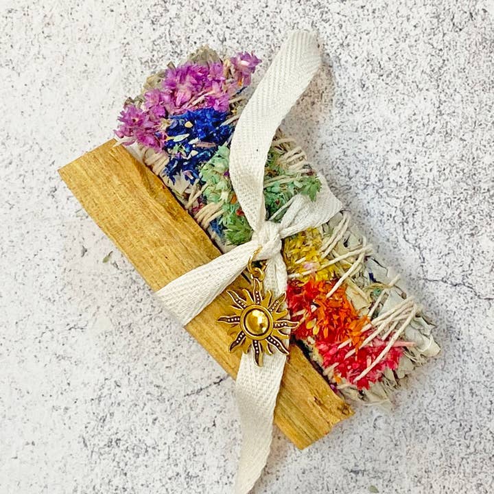 Rainbow Chakra Mullein Floral Smudge Bundle for wholesale by Oakwind Hollow