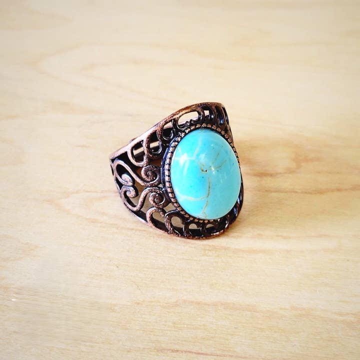 Blue Turquoise Ring in Antique Copper Filigree Setting 012d for wholesale by The Jewelry Junkie