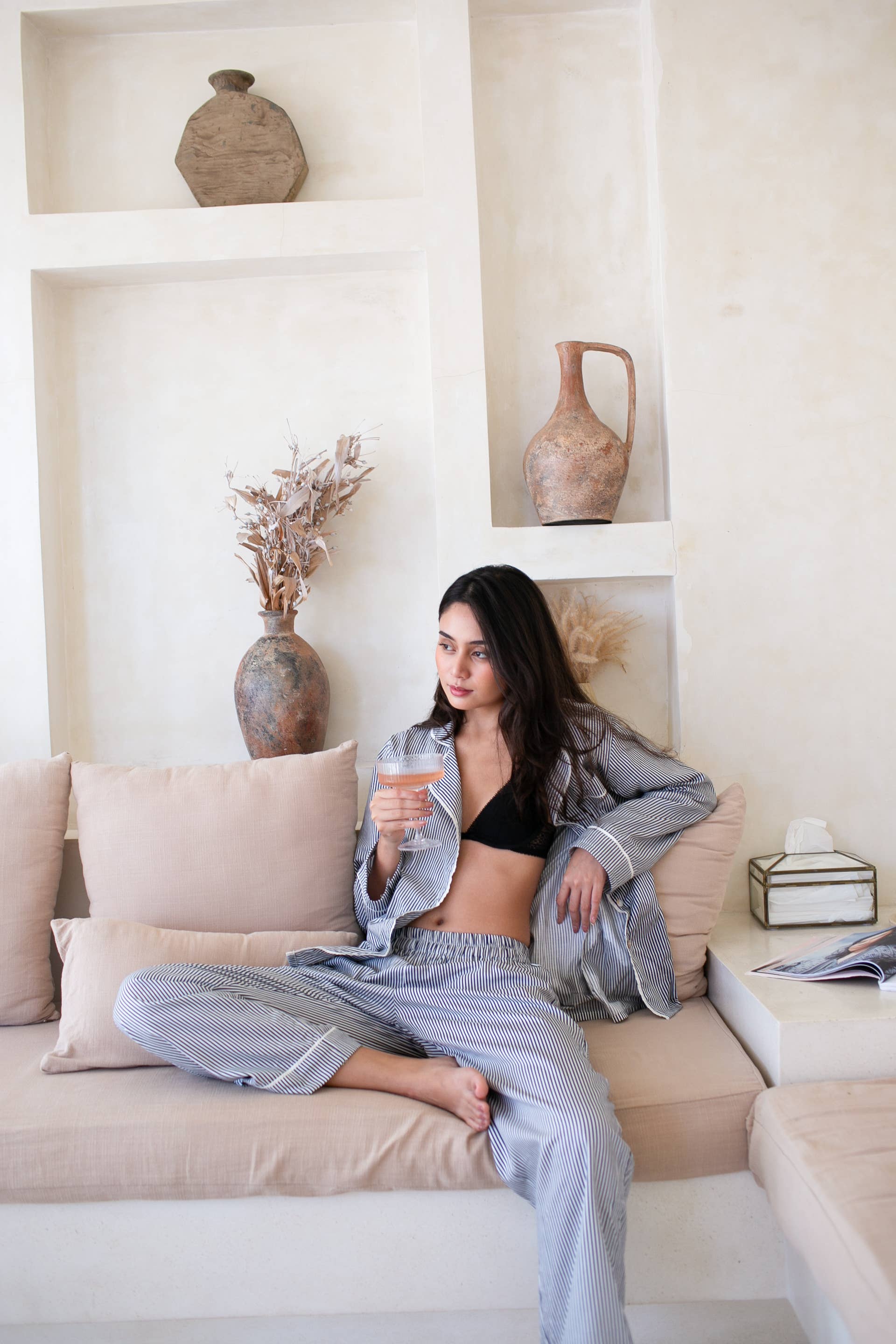 Me+Lia - Wholesale Sleepwear Set - Women's - Cecile Pyjama PJs Long Set - Navy Pinstripe