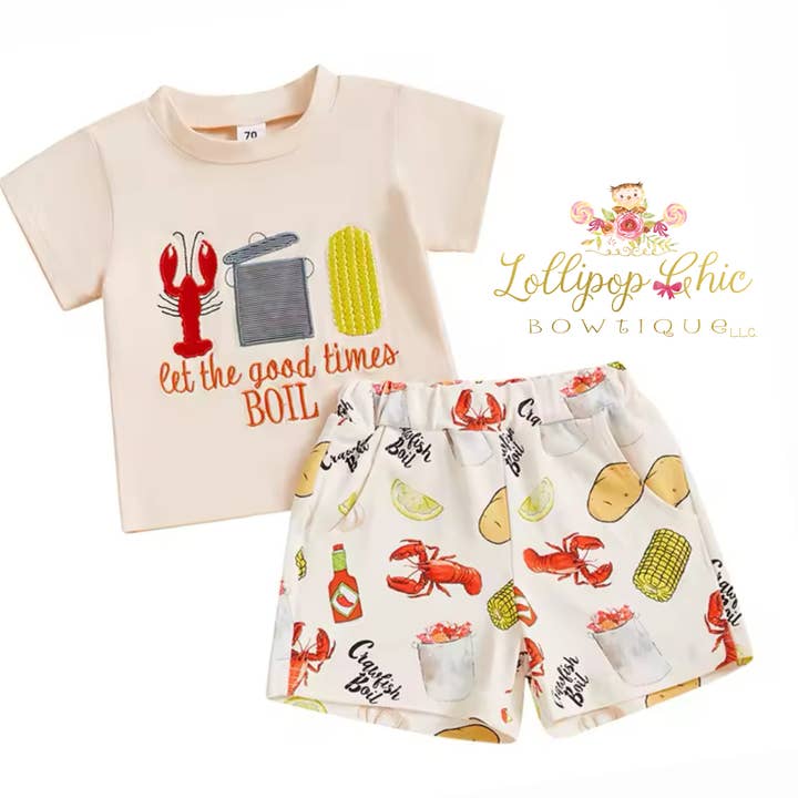 Baby Toddler Boy Embroidered Coastal Lobster Shirt Short Set for wholesale by Lollipop Chic Bowtique LLC