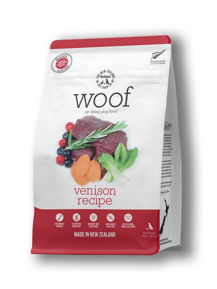Woof Venison Air Dried Dog Food 3.5oz | 26.5oz for wholesale by The New Zealand Natural Pet Food Co