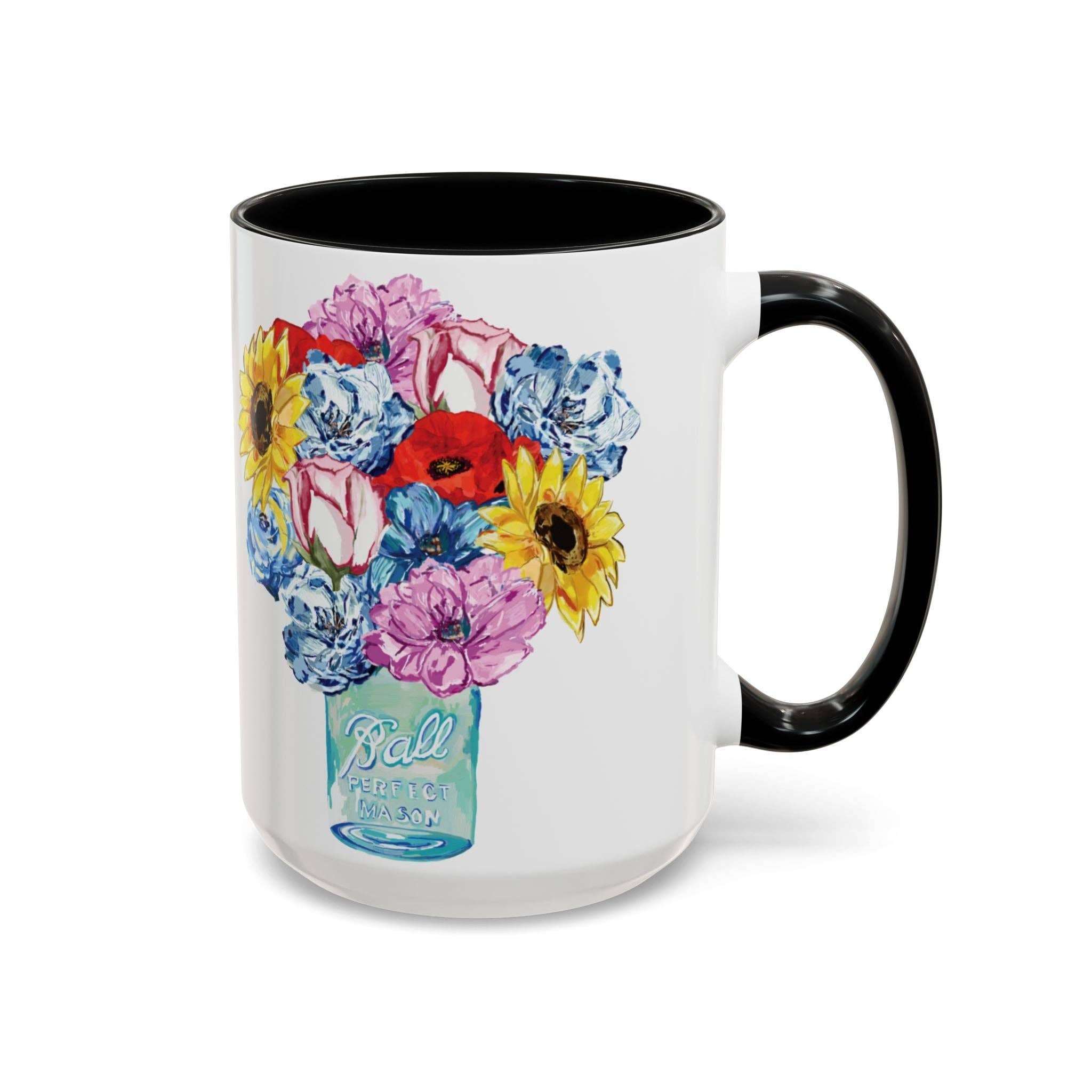 Blue Cava - Wholesale Coffee Mug - Spring Floral Mason Jar Two Tone Ceramic Mug - 11 oz & 15 oz11