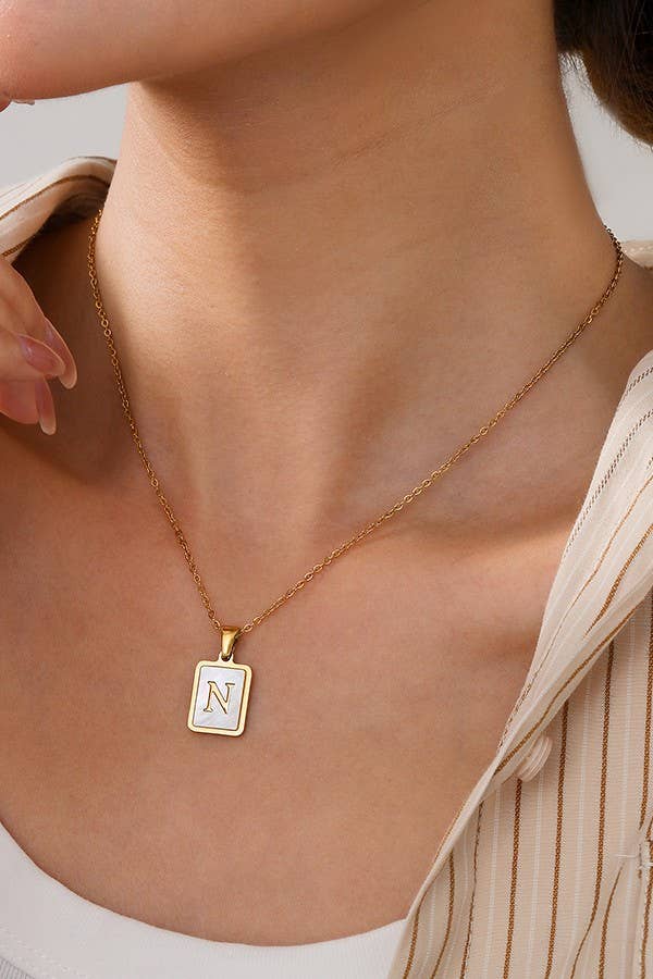 JOSSLYN by wall to wall - Wholesale Pendant/Charm Necklace - MOP  INITIAL STAINLESS STEEL TARNISH FREE NECKLACE | 40NK3142