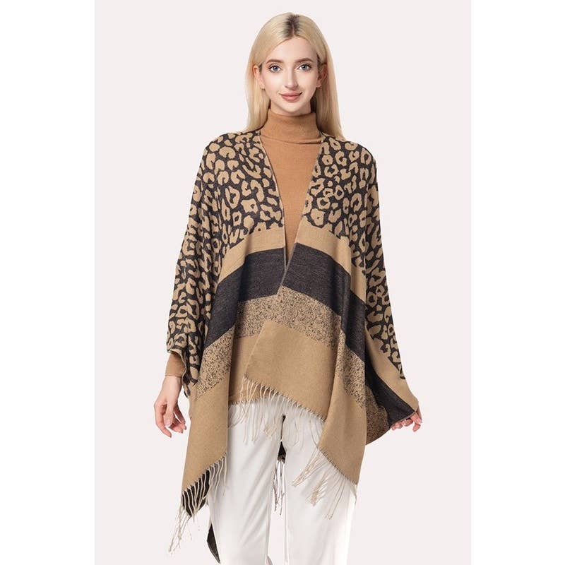 Love and Repeat - Vente Poncho – femme - Poncho à franges à blocs de couleur léopard2