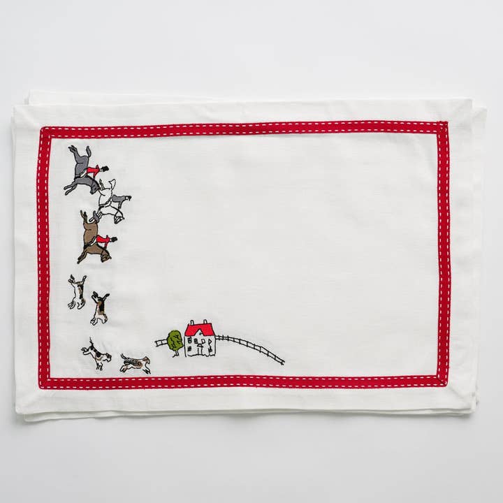 Embroidered Hunt Scene Red Ribbon Placemat | Set of 4 for wholesale by Pomegranate Inc