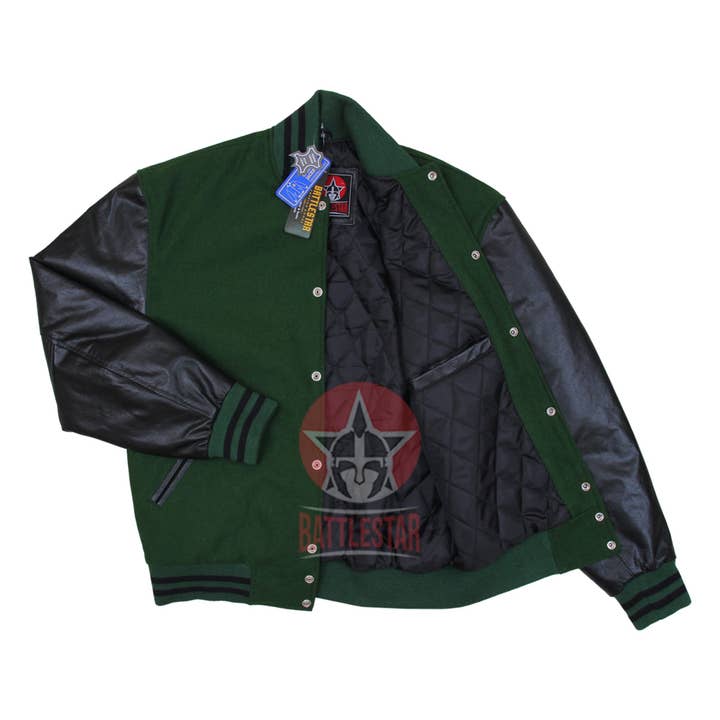 Eastworth Industries - Wholesale Varsity/Baseball Jacket - Men's - Forest Green Wool Black Leather Varsity Baseball Bomber Jacket3