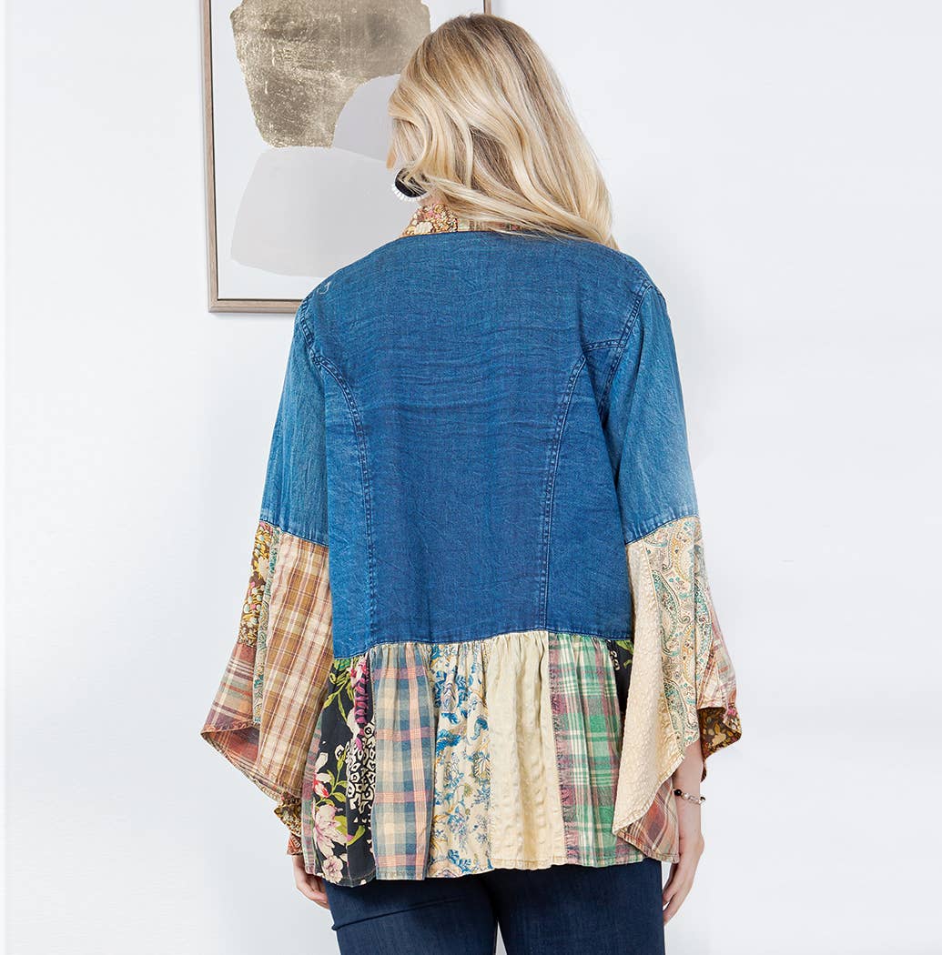 Young Threads - Wholesale Kimono - Women's - Western Boho Lace & Denim Patchwork Kimono Top NEW3