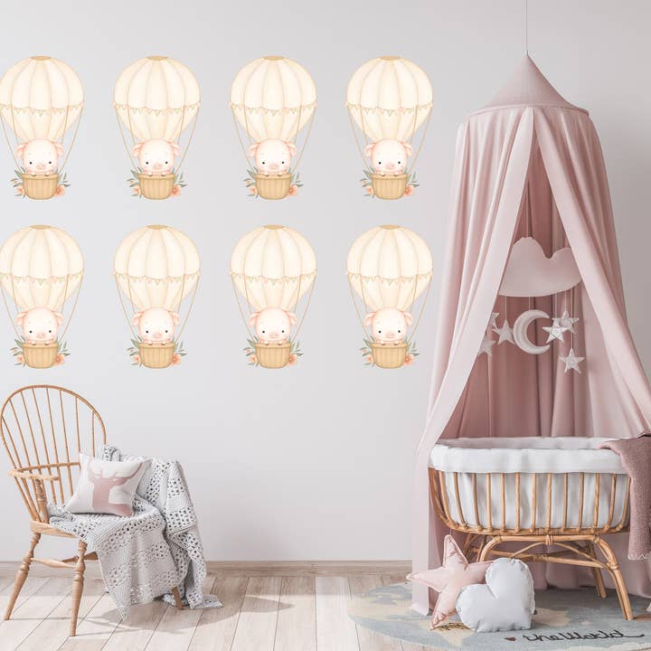 Hello Beautiful Designs – wholesale Väggdekor - Barn och baby – Varmluftsballong Väggklistermärke Barn Sovrum Flickor Dekor Barnkammartapet Idé Barn Baby Pig Söt lantbruksdjur Småbarn Flytande Design