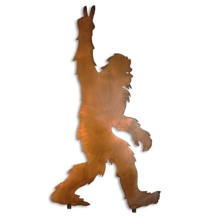 BigFoot Walking Peace, Metal Yard Art Statue, Rust Finish for wholesale by Crooks Designs