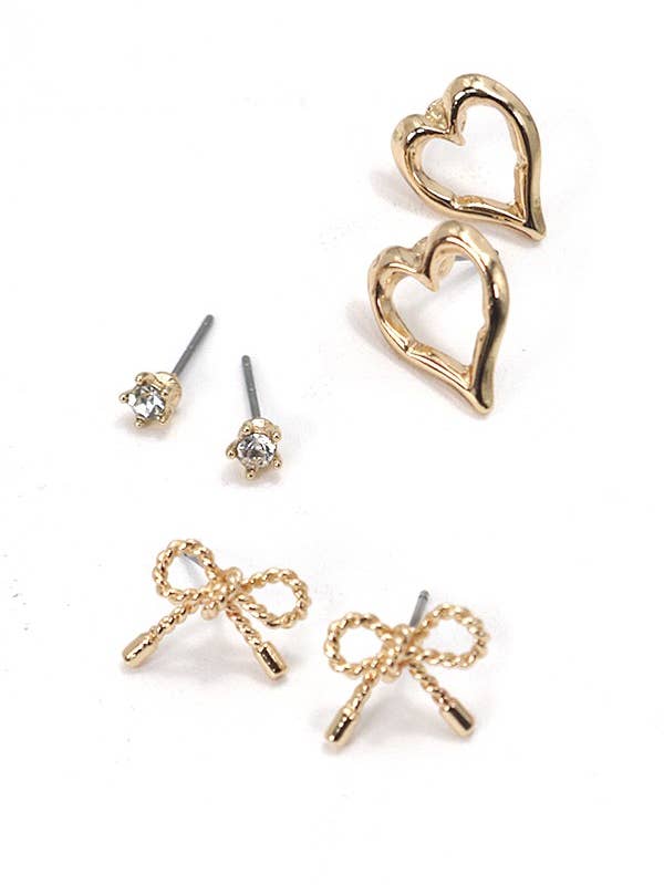 BOW HEART CHARM STUD TRIO EARRINGS | 80E2715 for wholesale by JOSSLYN by wall to wall