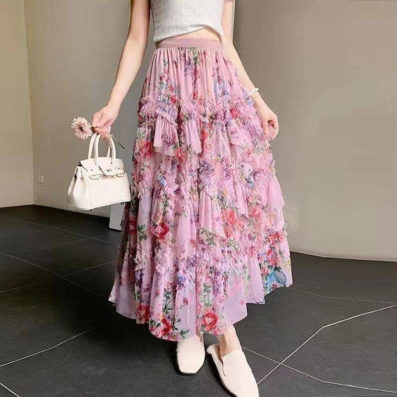 PEACH ACCESSORIES – Engroshandel Nederdel - Dame – PEACH ACCESSORIES blomsterprintet flæsenederdel med vidde SK1939