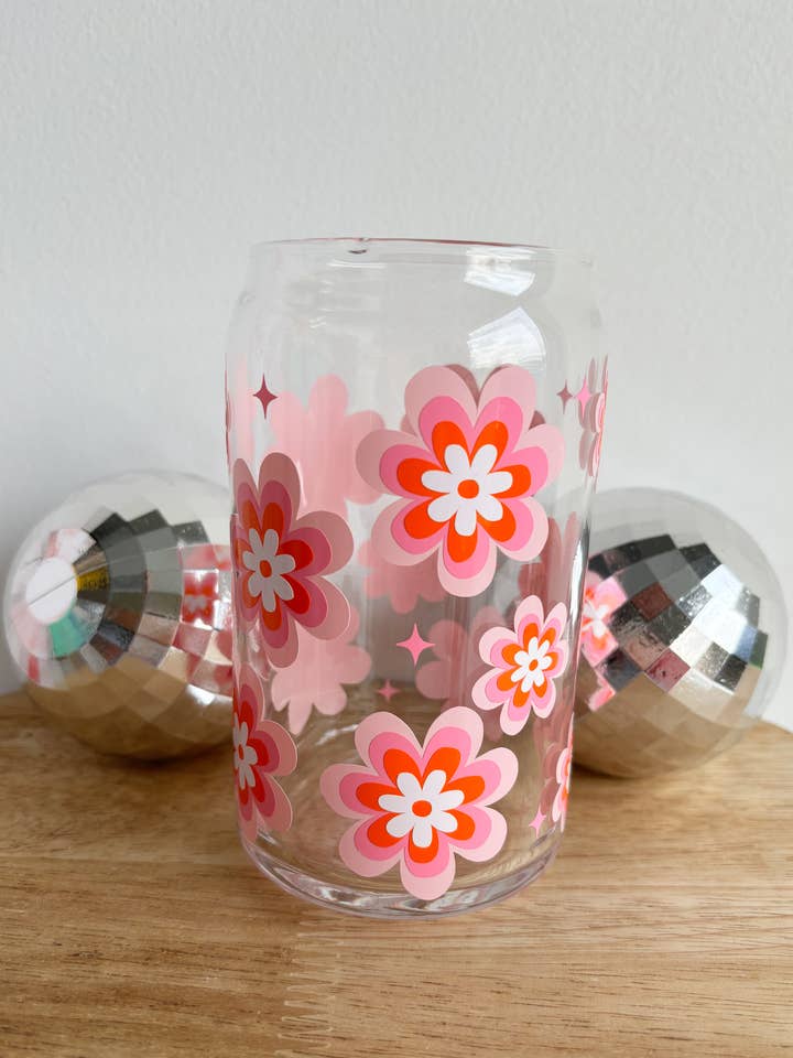 Retro Pink Flower Iced Coffee Beer Can Glass Mug (Cop for wholesale by Wild Souls Co
