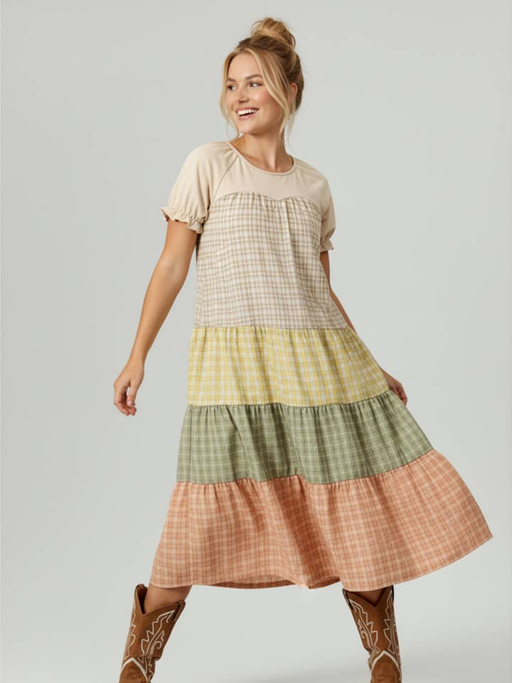 ROBE MIDI BLOCS DE COULEUR EN MOLLETON ET À CARREAUX GRANDE TAILLE pour la vente par Kori America