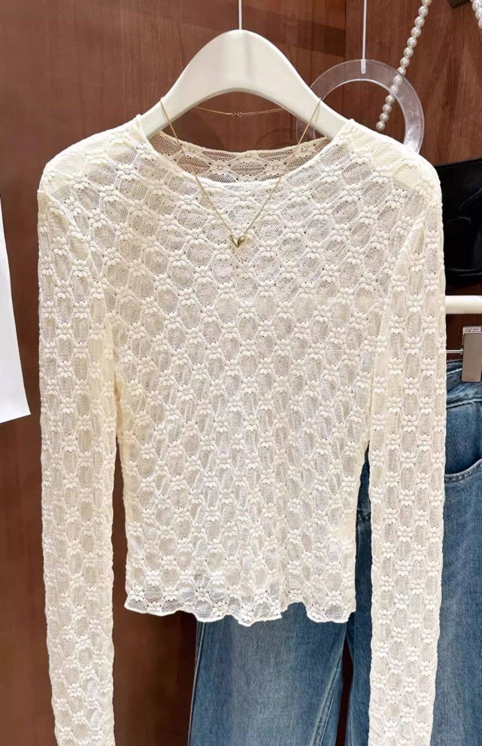 Rosa Clothing - Wholesale T-Shirt - Women's - Sheer Mesh Diamond Floral Lace Layering Fitted Crew Top19