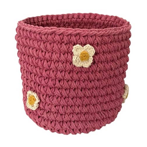 Basket flowers pink - H13x12øcm - hand crochet cotton for wholesale by Luna-Leena - handmade in Nepal