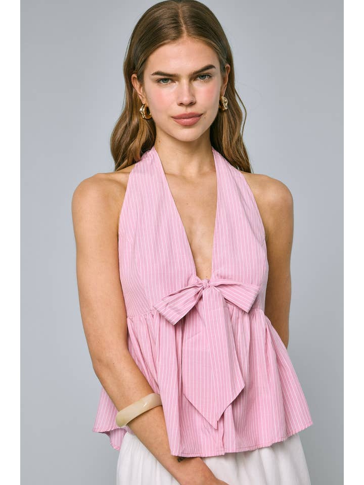 Sky to Moon - Wholesale Tank Top - Women's - STRIPE PRINT HALTER FRONT TIE OPEN BACK RUFFLE TOP