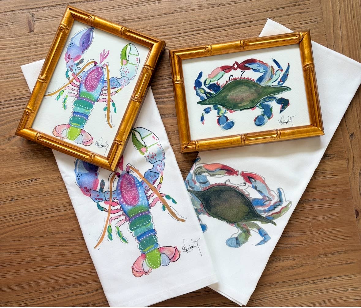 Paper Shells Studio - Wholesale Tea Towel - Blue Crab Linen Tea Towel – 100% Linen with Hanging Loop1