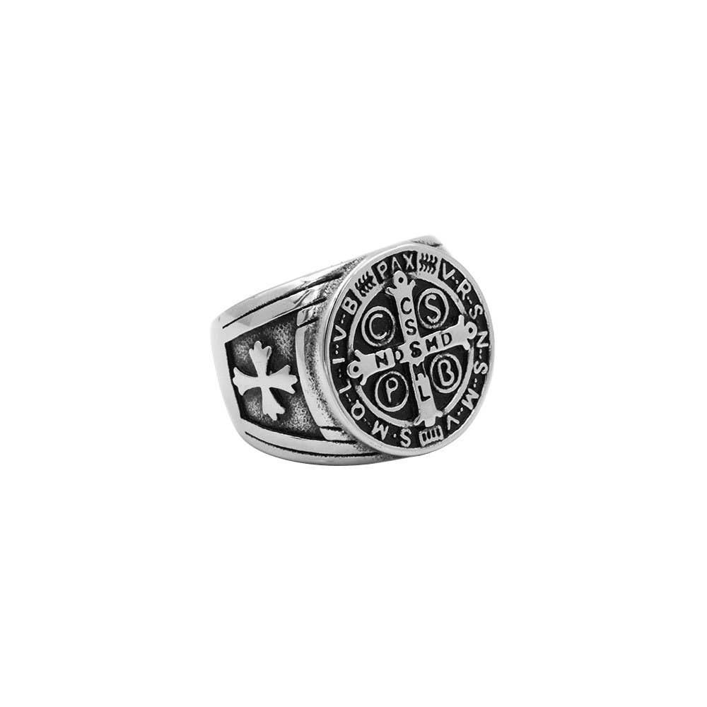 Awaken - Wholesale Signet Ring - Artisan Cross of Saint Benedict Steel Ring - A-4122