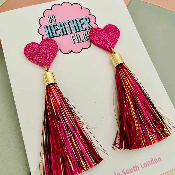 By Heather Filby - Wholesale Tassel Earrings - Pink Tassel Heart Glitter Resin Earrings2