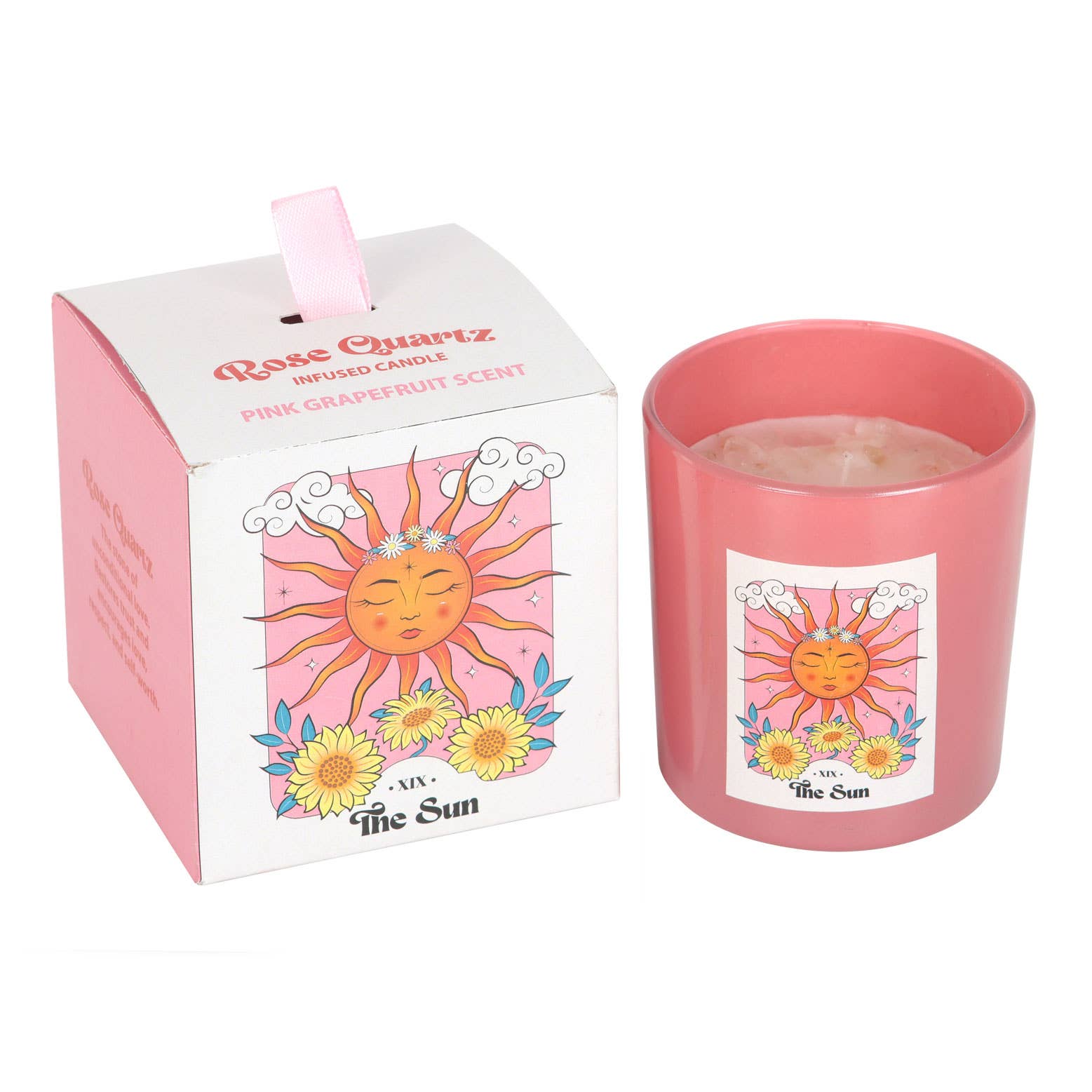Something Different Wholesale – Vela em jarro/copo por atacado – Vela de Cristais de Quartzo Rosa Inspirada no Tarot 'The Sun'1
