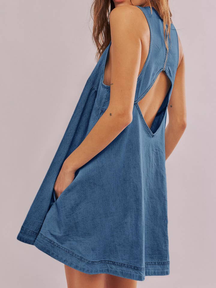 Dipped Shop - Wholesale Dress - Women's - Denim Round Neck Sleeveless Mini Dress DP25A531