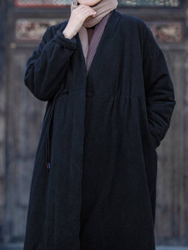 VividLux – Engroshandel Frakke - Dame – Lange ærmer Løst bomuldspolstret tøj Træksnor Quiltet ensfarvet fløjl V-hals Overtøj Polstret frakke7