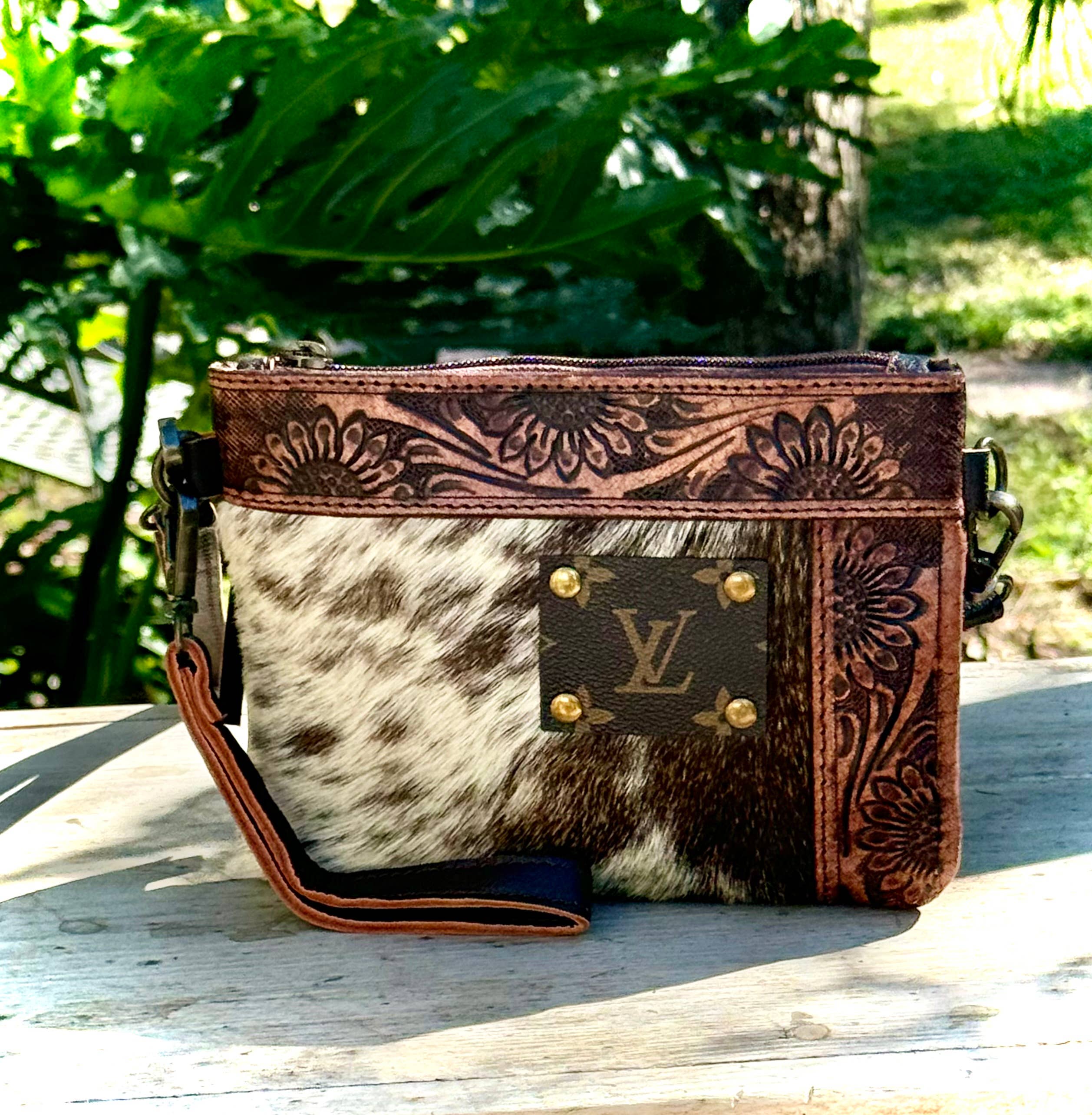 Southern Junkie Gypsy Boutique - Wholesale Crossbody Bag - Women's - Upcycled LV Cowhide Leather Crossbody Wristlet Bag Western 4
