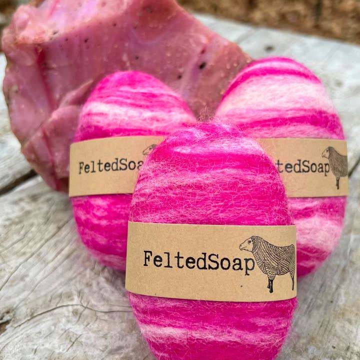Felted Soap HOT PINK & WHITE Blend Fun Valentine's Gift for wholesale by Twisted Purl LLC