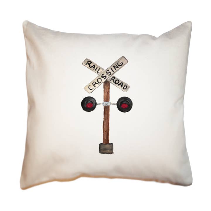 railroad crossing sign square pillow for wholesale by Tina Labadini Designs